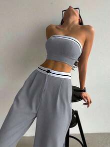 Luminelle Conjunto de top bandeau y pantalones anchos plisados de moda, versátil para vacaciones y fiestas - Gris - Ver 6