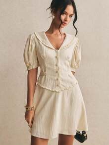 Vestido casual mini de unicolor con diseño de botones y mangas cortas con pétalos para mujer - Amarillo claro - Ver 7