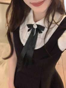 Vestido corto de manga corta con cuello y contraste de color, estilo coreano para mujer - Blanco y Negro - Ver 10