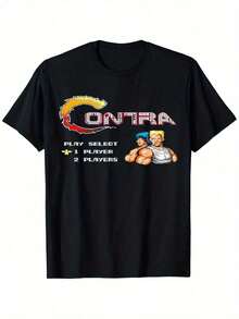 Playera Estilo Actor Famoso Camiseta Negra Con DiseñO Inspirado En "CONTRA" - Camiseta Retro Genial Para Amantes De Los Videojuegos, Con Un Llamativo DiseñO De "CONTRA", Degradados De Llama, Texto "Play Select" Y Personajes De Pixel Art En Poses De AccióN. Perfecto Para Jugadores Y Fans De Los CláSicos Juegos Arcade De Los 80, Es Una OpcióN Ideal Tanto Para Uso Casual Como Para Actividades De Juego. Camiseta Unisex De AlgodóN De Manga Corta Y Cuello Redondo, Estilo Vintage Urbano. - Negro - Ver 8