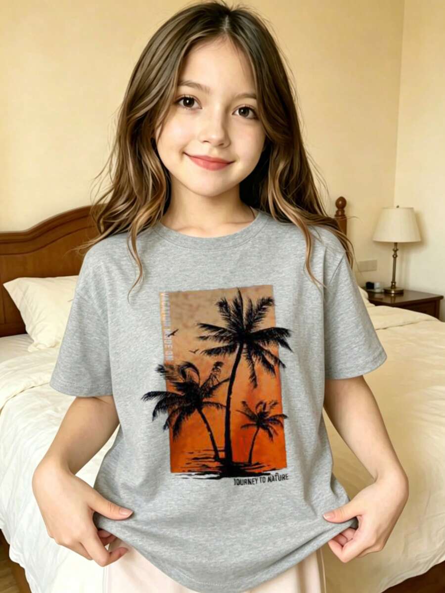 Palm Trees Sunset Silhouette Beach Printed T-Shirt For Kids - Grey - View 1