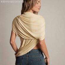 Fengyu Women's Clothing Store Blusa asimétrica con drapeado sexy para oficina - Albaricoque - Ver 3
