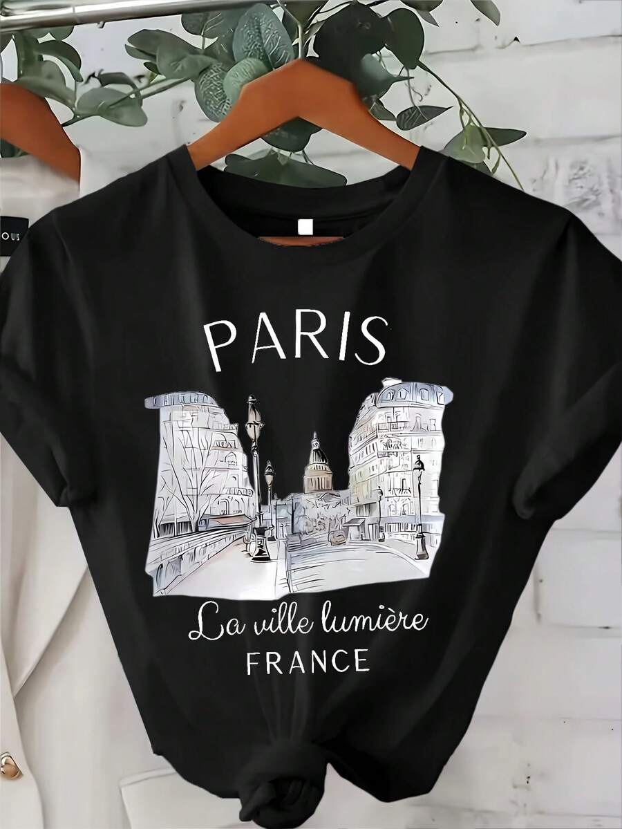 Regular Fit Crew Neck T-Shirt With Fashionable Paris Summer Print - Black - View 1