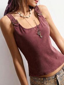 Prenda exterior bohemia de invierno/primavera, top ajustado de punto de unicolor morado lavado con detalles de hebilla de metal para mujer en estilo vintage y casual, apropiado para conciertos con estilo country occidental, adecuado para vacaciones en la playa, uso diario, vuelta al colegio, salidas y fiestas, Navidad, Año Nuevo, 2000s Y2K, vacaciones de verano - Morado - Ver 10