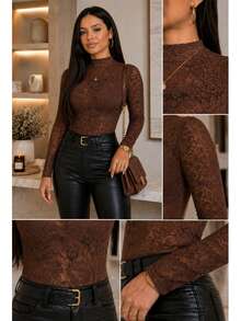 Elegant Lace Bodysuit With Long Sleeves And High Neck – Premium Fitted Style ✨ - 馬羅 - 查看 2