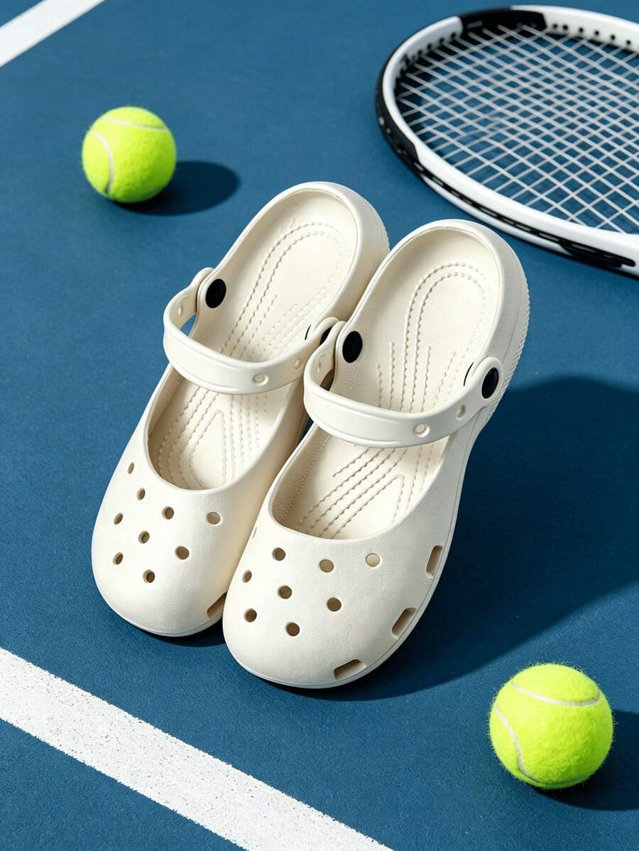 Sandalias casuales estilo Mary Jane para mujer, blancas perforadas huecas, con hebilla ajustable, EVA antideslizante, transpirables, punta cerrada, ligeras, de moda, para verano, playa, exterior y jardinería - Blanco - Ver 1