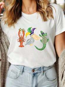 Women's Summer Fitted T-Shirts, Heavyweight Cotton T-Shirt With Black And White New Orleans Print - Fun Cartoon Print And Festive Ornaments, Soft And Stretchy, Crew Neck, Short Sleeve, Casual Style, Washable, Comfortable For All Seasons, Vibrant Urban Themed T-Shirt, Printed Design, Soft, Classic Fit, Everyday Wear T-Shirt, Summer Hit. - 白色 - 查看 7