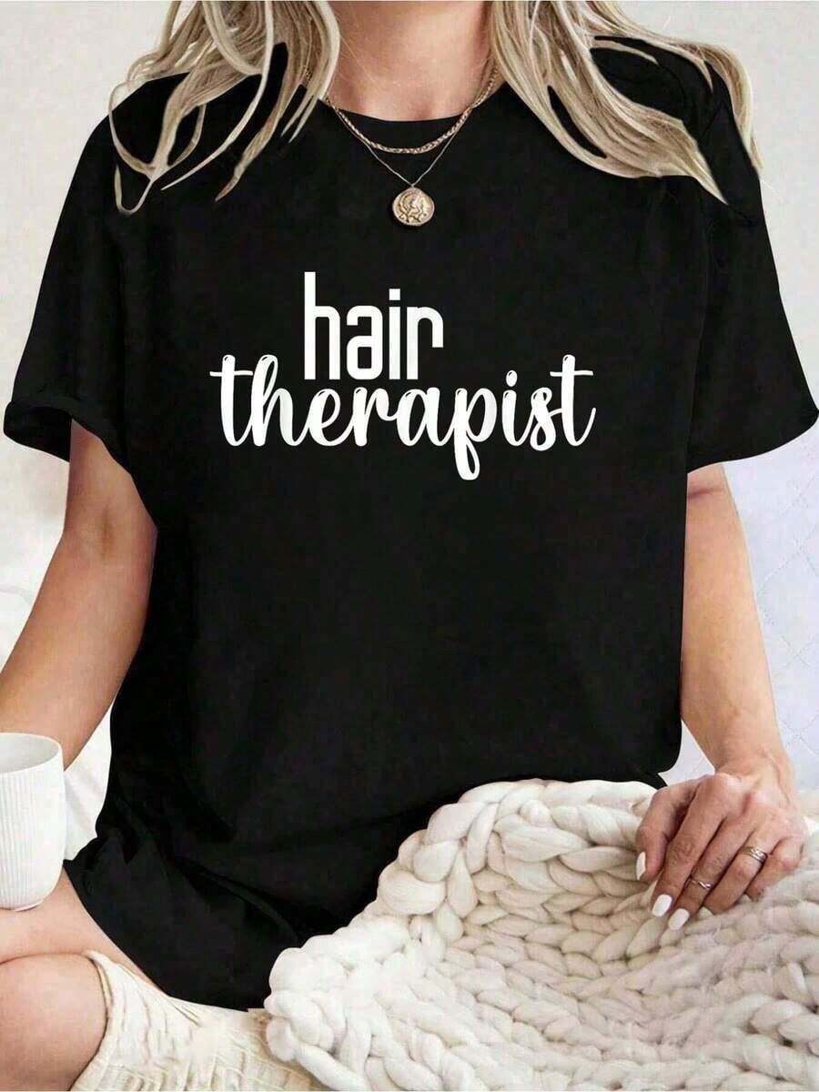 Fashionable 1-Piece Summer T-Shirt For Hairdressers, Stylists, And Beauticians, Short-Sleeved, Round Neck, Casual Style For Summer And Spring, Women's Clothing, 100% Cotton. Women's Simple Solid Color T-Shirt, Loose And Slim Fit Casual Short Sleeve - 黑色 - 查看 1