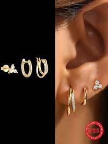 1 Set 925 Sterling Silver Flower Earrings, Classic Stud Earrings, Cartilage Earrings For Women, Suitable For Daily Wear, Wedding, Party, Engagement, Fine Jewelry - Multicolor - View 11