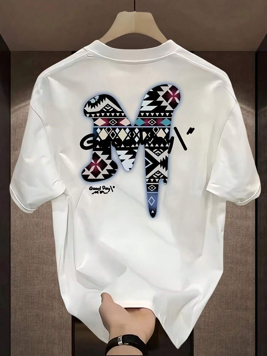 Men's Heavy Cotton T-Shirt, Versatile Plus Size Loose Summer Printed Handsome Youth Top - 白色 - 查看 1
