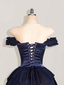 sfvsSHEIN ICON Vestido corto de gasa con volantes en el hombro, cintura fruncida y estampado jacquard para mujer, elegante para fiestas y uso casualvfdw OUU7 - Azul marino - Ver 8