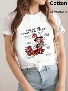 NewSummerCasual Women's 100% Cotton Short Sleeve T-Shirt With Polka Dot And Flamingo Print, Spring/Summer Style. Comfortable And Soft Short Sleeve T-Shirt, Y2K Urban Style With Spanish Slogan Print.  Summer T-Shirt, Perfect For A Casual Summer Look. - Unisex Loose-Fitting Cotton Short Sleeve T-Shirt With A Crew Neck And Vintage Urban Style. - 白色 3 - 查看 2