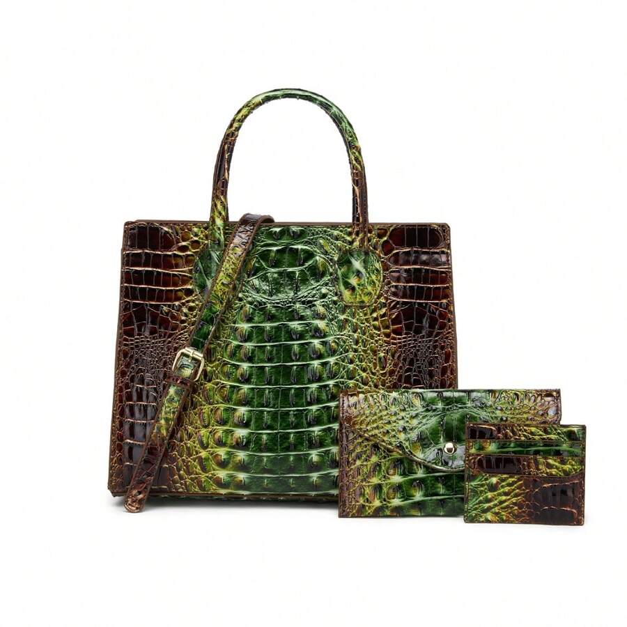 [Gradient Color] 3pcs Colorful PU Vegan Embossed Pattern Print  Bag Set | Fashion,  Elegant Women Tote Bag With Clutch Wallet And Credit Card Holder Coin Purse, Gradient Color Handbag - 彩色 - 查看 1
