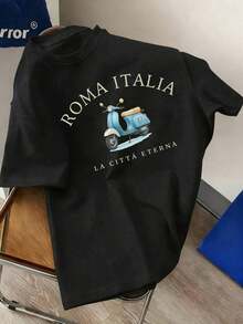 Sommar-T-shirts för män, ny stil, ren bomull, rund hals, kortärmad, Rom Italien-mönster, avslappnad, bekväm, mjuk, luftig, sommarens måstenar, Y2K sportig estetik. - Svart - Visa 6