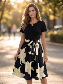 Vestido casual de vacaciones con estampado floral de patchwork y pliegues para mujeres de edad media y mayores - Multicolor - Ver 3