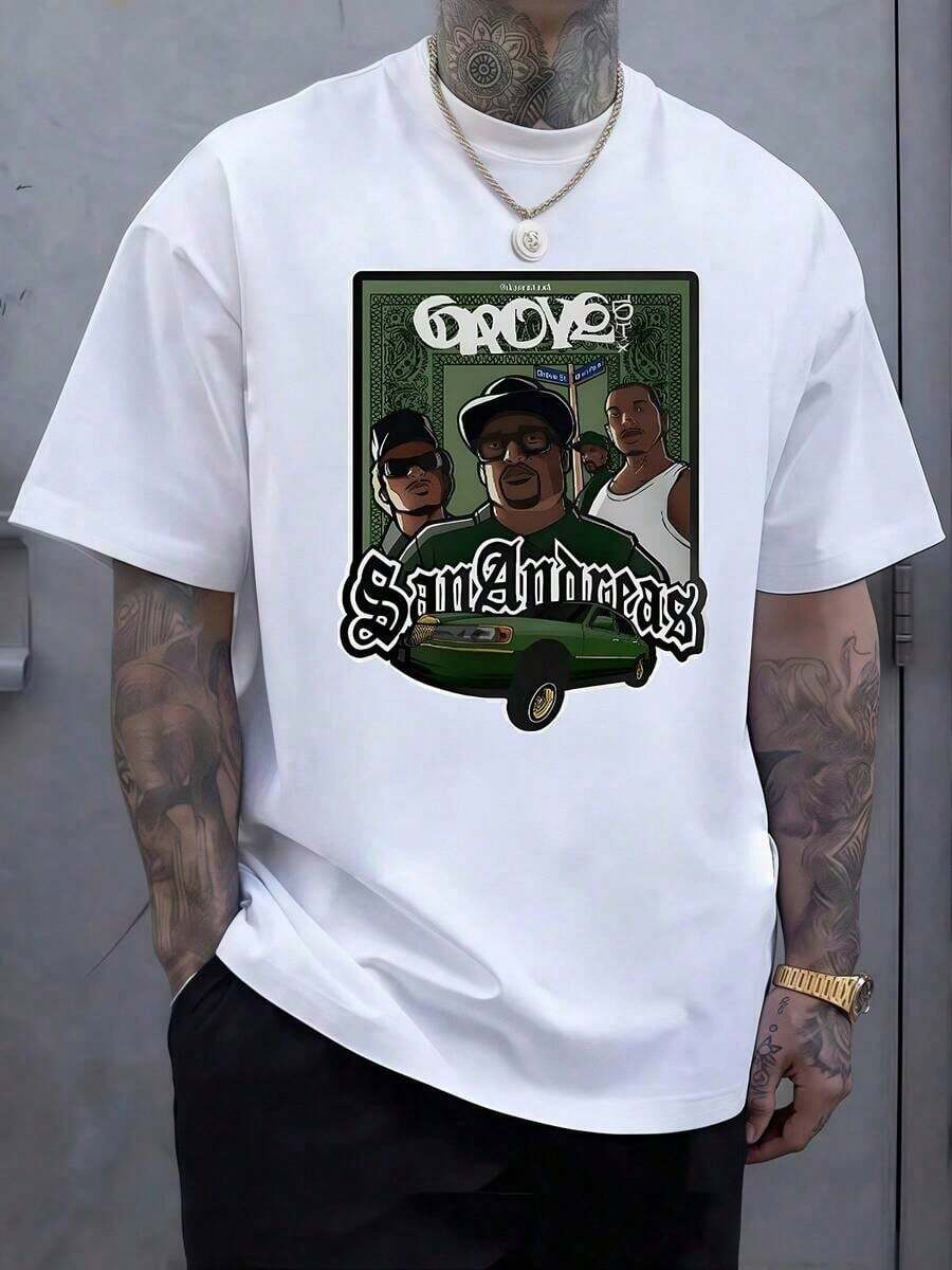 Artistic Representation Of An Urban Group Symbolizing Unity And Strength In Street Life, With Details That Evoke City Culture And A Passion For Classic Cars. Men's T-Shirt, 220g, Large Size, 100% Cotton - 白色 - 查看 1
