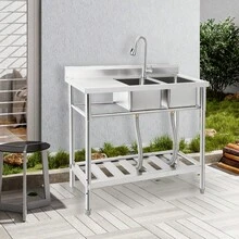 Fregadero utilitario doble de acero inoxidable 47'' para lavandería y cocina - Con estante de almacenamiento, tabla escurridora, grifo de agua fría/caliente, diseño independiente - 39*18*40 pulgadas - Ver 8