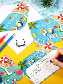 24pcs/1pc Pool Party Invitation Cards - Summer Pool Theme Design Invitation Cards, Perfect For Inviting Guests To Holiday Gatherings And Special Occasions, Suitable For Birthday Parties, Beach Vacation Parties, Hawaiian Theme Parties, Theme Parties And More. - One Size Fits All - View 2
