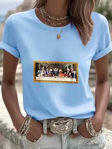 Last Supper Art Print Digital Print Short Sleeve Unisex Pure Cotton Loose And Comfortable - 藍色 - 查看 7