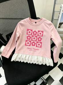 Milk Fufu Girls Spring/Autumn Sweet Style Long Sleeve T-Shirt, Round Neck Lace Hem Pink Floral Print Soft Cute Top - Pink - View 2
