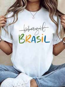 1 Pcs Casual 100% Cotton Short Sleeve T-Shirt,Brazil Letter Print Crew Neck Basic Tee, Ideal For Travel Street Airport Outfit Summer Daily Casual Wear - 白色 - 查看 7