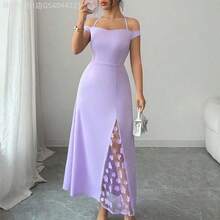 MewMuse. Vestido elegante de mujer con hombros descubiertos, silueta ajustada con paneles laterales con ribete de encaje y abertura hasta el muslo, adecuado para fiestas de noche, citas, eventos sociales ligeros y salidas casuales - Morado - Ver 7