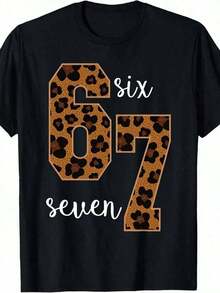 Camiseta Gráfica con Estampado de Leopardo y Número 67 para Mujer y Unisex - Camiseta Casual de Manga Corta con Cuello Redondo y Diseño de Número, Corte Regular H-Line para Uso Diario, Playa, Fiestas y Conjuntos de Verano - Camiseta Individual (Leopardo y Número 67) - Fácil Cuidado CHFY - Negro - Ver 8