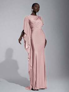 Elitara Elegante y lujoso vestido de dama de honor con abertura y volantes en las mangas, de satén azul marino - Rosa vieja - Ver 5