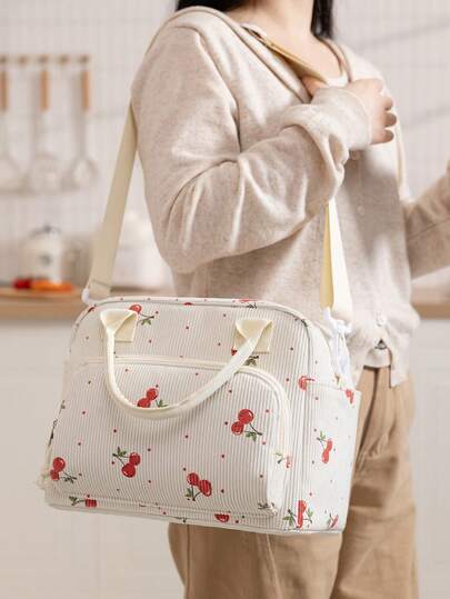 1 pieza Bolsa de almuerzo de pana portátil, caja de almuerzo aislada reutilizable grande, bolsa bento, bolsa térmica para la cena con correa para el hombro, bolsa de almuerzo de frutas gruesa y linda para estudiantes, fácil de limpiar, forro impermeable, estampado de estrella de cereza rosa leopardo para la escuela, picnic al aire libre, camping, senderismo