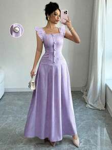 Vestido largo elegante estilo bohemio para vacaciones, con escote en V, mangas abullonadas, cintura ceñida, falda plisada de línea A, bolsillo con cremallera, cierre con botón de perla, adecuado para primavera/verano - Púrpura malva - Ver 12