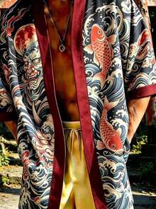 Men's Japanese Kimono Jacket, Ukiyo-E Carp And Ghost Face Tattoo Pattern - Lightweight Short-Sleeved Cardigan, Loose Fit, Suitable For Spring, Summer, And Autumn, Machine Washable Jacket, Suitable For Beach And Street Style - B - 查看 3