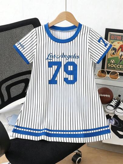 Vestido de chaqueta de béisbol de estilo universitario con rayas azules y blancas de contraste de color para niñas pequeñas, adecuado para deportes casuales al aire libre y camiseta diaria