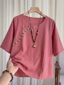 Blusa suelta y elegante bordada, adecuada para fiestas de jardinería, reuniones de té de la tarde y eventos de verano - Morado - Ver 4