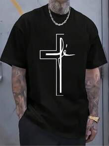 Men's Plus Size Short Sleeve Crew Neck T-Shirt With Religious Print Of The Cross Of Jesus, For Casual Outdoor Summer Sports. - 黑色 - 查看 6