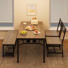 Space-Saving 4 Piece Dining Table Set Rectangular Kitchen Table With Wine Rack – Modern Vintage Style - Grey - View 9