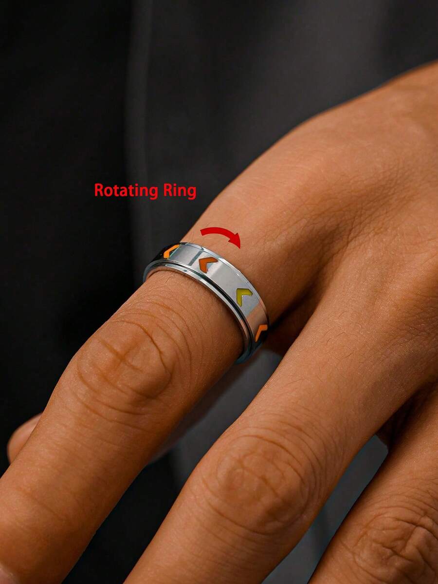 1pc LGBTQ Pride Rotating Band Ring, Colorful Arrow Design Stainless Steel Ring For Men, Ideal Holiday & Birthday Gift - Silver - View 1