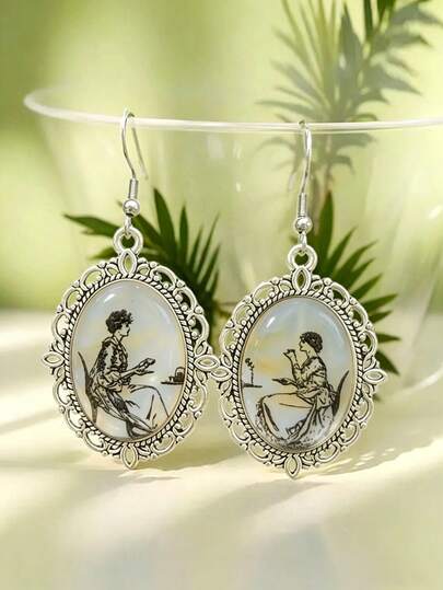 Retro Victorian-Style Cameo Earrings - Antiqued Silver Oval Drop Earrings Featuring A Tea Party Lady's Silhouette; Hypoallergenic Vintage-Aesthetic Jewelry For Women