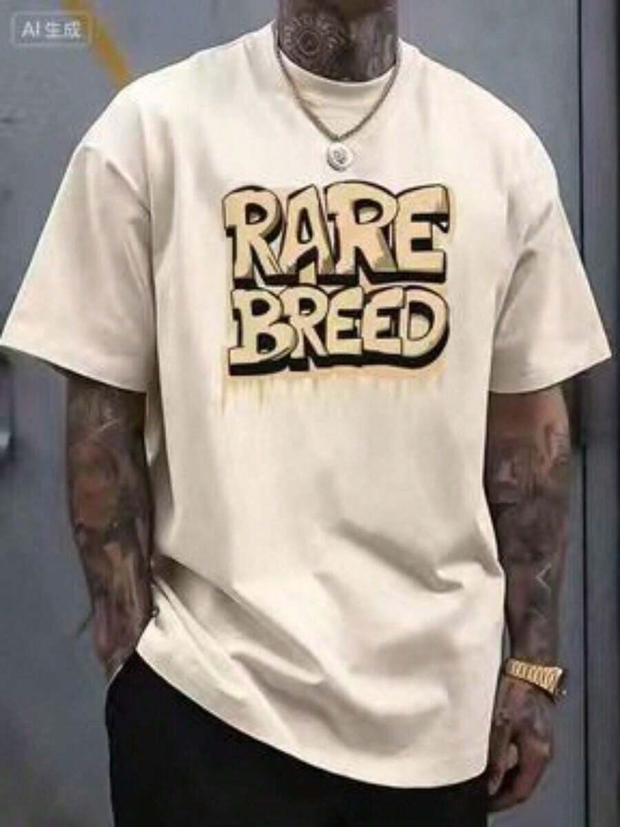 Men's Summer Round Neck Short Sleeved Casual Cotton T-Shirt With Interesting Letters, Comfortable Cotton, 100% Cotton, Suitable For All Seasons, Soft - 杏色 - 查看 1
