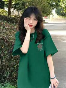 Camiseta de manga corta para mujer, diseño de verano, corte ajustado, estampado de dibujos animados, top básico.#3333 - Verde Oscuro - Ver 2