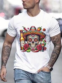 Camiseta de manga corta estampada de estilo casual y moderno para hombre, estilo mexicano con esqueleto, talla grande, para primavera y verano, cómoda, transpirable y que absorbe la humedad, TALLA GRANDE. - Blanco - Ver 1