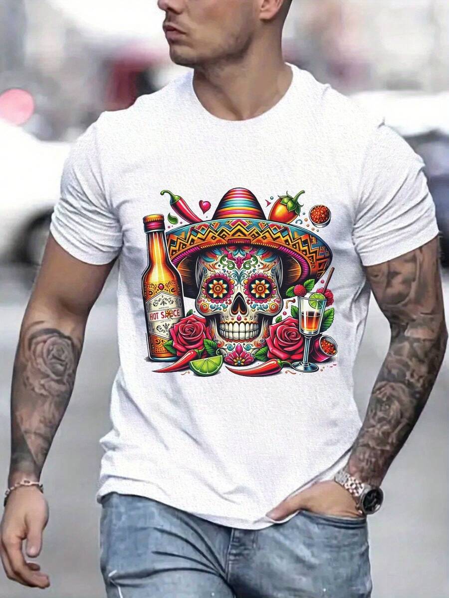 Camiseta de manga corta estampada de estilo casual y moderno para hombre, estilo mexicano con esqueleto, talla grande, para primavera y verano, cómoda, transpirable y que absorbe la humedad, TALLA GRANDE. - Blanco - Ver 1