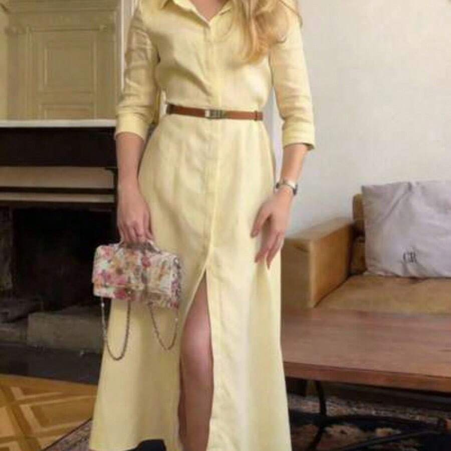 Vestido de manga larga con cuello de camisa elegante para mujer, adecuado para primavera/verano, Día de la Madre, Ramadán, Eid Al-Fitr, uso diario, playa, vacaciones - Amarillo - Ver 1