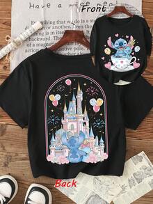 This Girls' Disney *Lilo & Stitch* T-Shirt Features A Double-Sided Print And Is Crafted From Soft, Comfortable Fabric. It Is The Perfect Choice For Girls To Wear While Traveling, Vacationing, Engaging In Outdoor Sports, Or For Everyday Casual Outings-A Stylish And Versatile Top That Is Ideal For Both The Spring And Summer Seasons. - màu đen - Xem 1