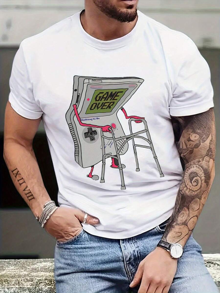 Y2K Super Gamer Men's Casual Fashion T-Shirt, Plus Size Spring-Summer Print, Men's Clothing PLUS SIZE Tee - White - View 1