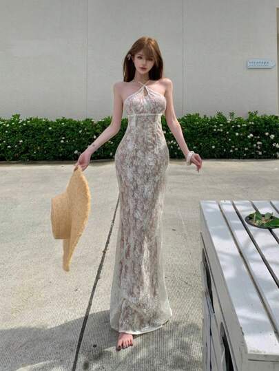 Vestido de novia para mujer, estilo elegante de encaje, espalda abierta con lazo, color blanco, tejido de satén, ideal para sesión de fotos de boda y ocasiones especiales.