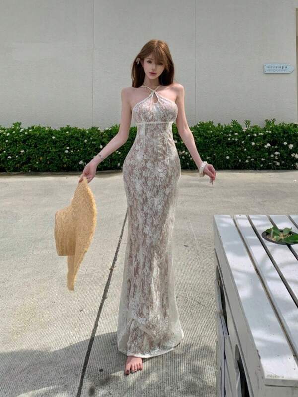 Vestido de novia para mujer, estilo elegante de encaje, espalda abierta con lazo, color blanco, tejido de satén, ideal para sesión de fotos de boda y ocasiones especiales.