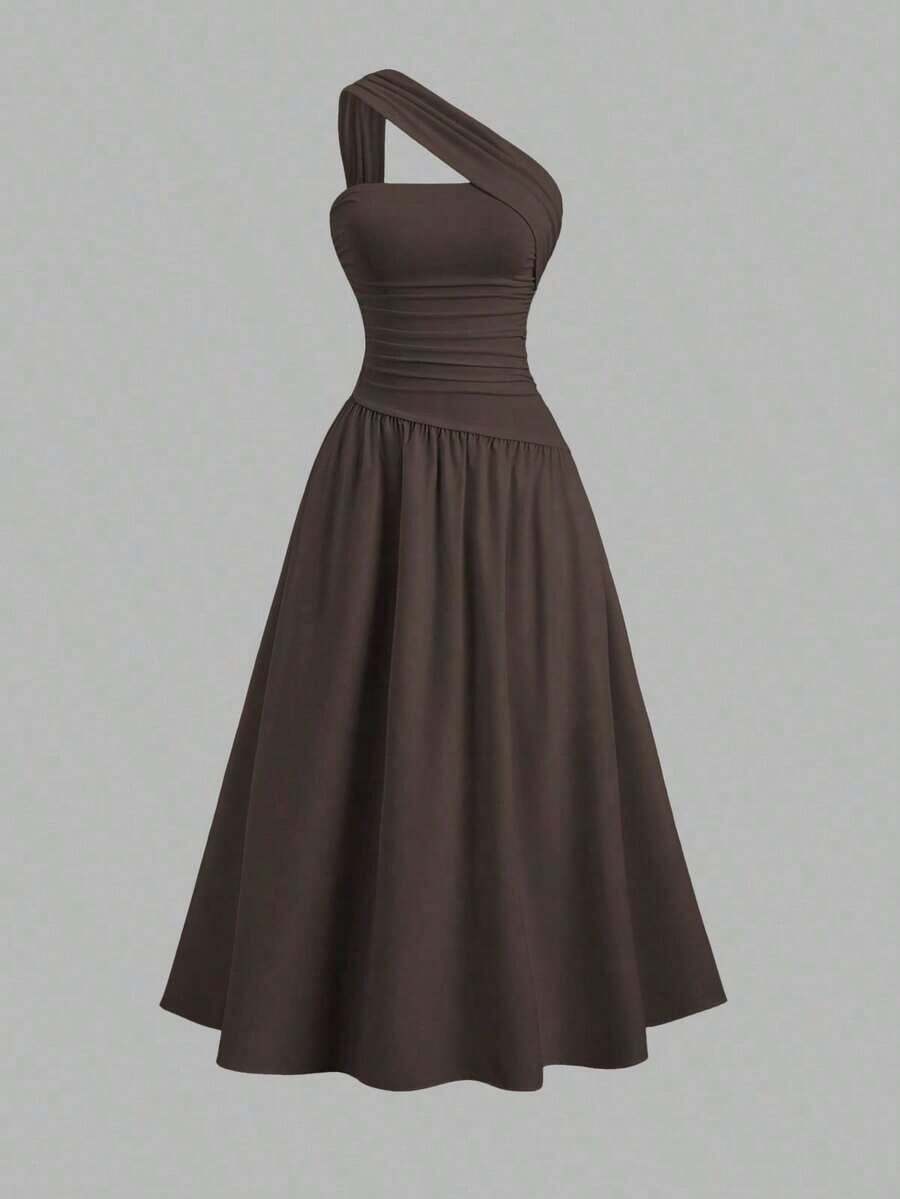 Vestido bandeau ajustado con hombros oblicuos para mujer - Café integral - Ver 1