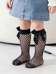 2pairs Baby Girls' Black And White Fishnet Stockings With Bowknot, Sweet And Fashionable For Daily Wear In Summer - Black and White - View 3