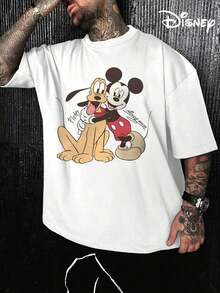 Disney Men's Casual T-Shirt, Mickey & Pluto Hug Print, Nostalgic Design, Relaxed Fit, Ideal For Disney Fans & Casual Wear - trắng - Xem 7