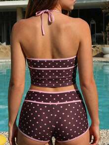 Swim Mod 2026 Conjunto de bikini de 3 piezas de verano con tirantes finos, taza triangular de contraste azul y albaricoque, pantalones cortos de cintura alta, conjunto de bikini de 3 piezas azul marino, conjunto de 2 piezas azul marino, bikini deportivo azul marino - Rosa - Ver 2